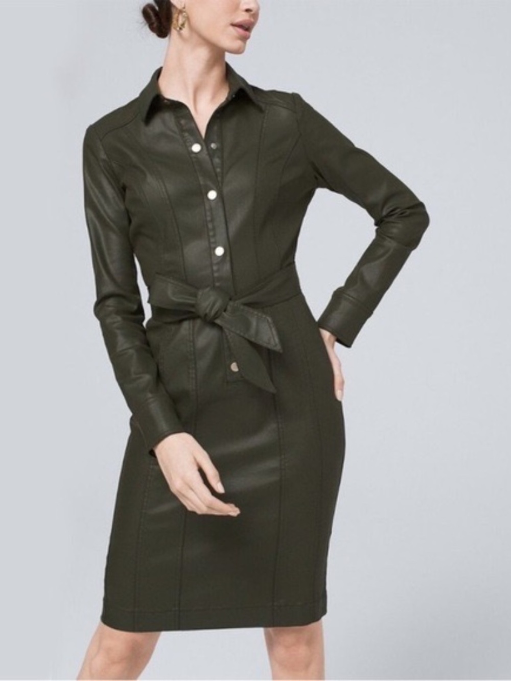 White House Black Market Coated Denim Faux Leather Shirt Dress with Tie Waist 4